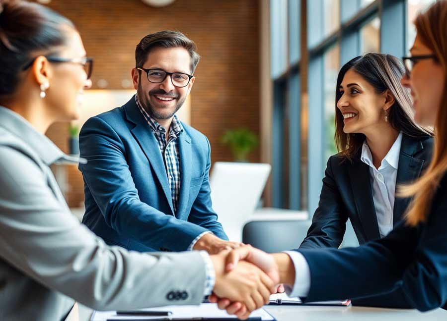 Tri žene i jedan muškarac poslovno odjeveni sjede za stolom i rukuju se